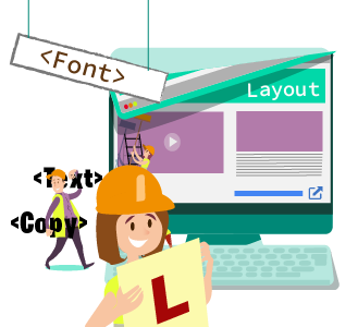 User experience for beginners - woman in a hardhat and holding a learner's sign while a man carries code in the background