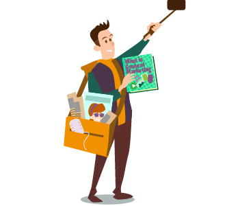 Content Marketing Guide Part 1: What is Marketing - man holding up phone o na selfie stick and carrying a magazine called What is Content Marketing. He is carrying a bag full of other print media and a microphone