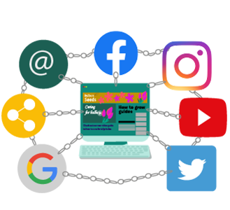 Content is important link building - laptop linked by chains to different logos of marketing and social media companies including facebook, google and youtube
