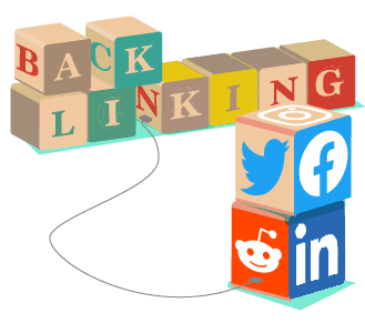 Basics of Backlinking Guide - colourful wooden blocks stacked with individual letters that spell out 'backlinking' plus additonal scattered blocks depicting social media logos