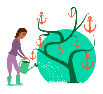Anchor text - woman watering a plant with a watering can, plant is growing anchors instead of flowers or fruit