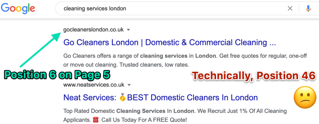 Position 46 on Google for cleaning services keyword