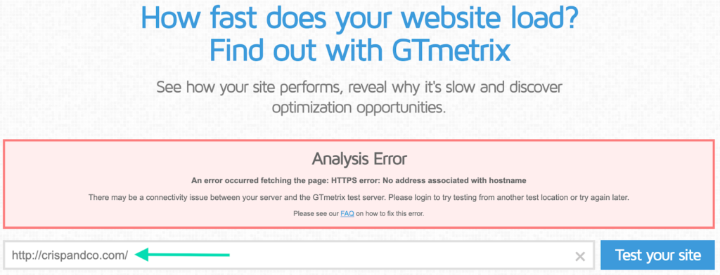 Website Speed Test Error