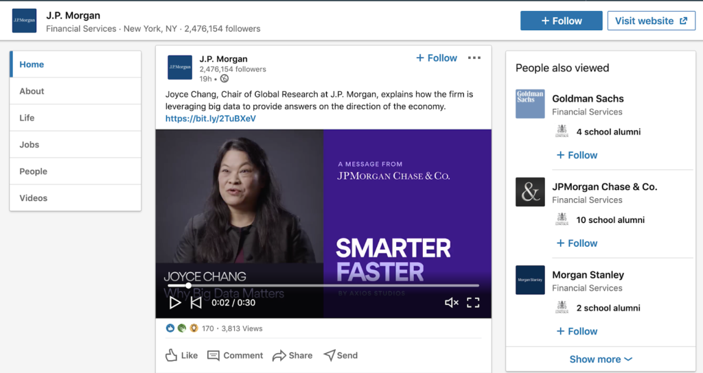 screenshot of JP Morgan's linkedin page highlighting importance of content marketing for investment banking firms