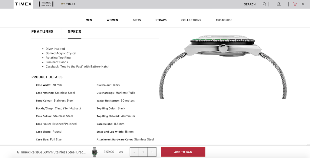 screenshot of a watch product page