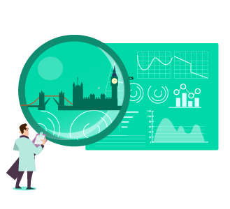 SEO competitor analysis architects in london. Architect with a large looking glass looking at a graph. In the centre of the looking glass iis a silhouetted image of the London skyline