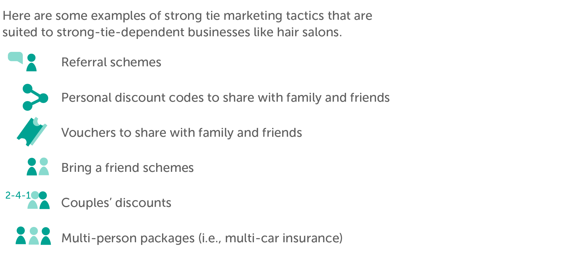 Here are some examples of weak tie marketing tactics that are suited to weak-tie-dependent businesses like niche product providers.  Gradual expansion (branching out from specific locations) Target specific groups (i.e., facebook groups) then branch out into similar groups  Target specific interest sub-categories (i.e., triathlon runners) Incentivise and encourage user-generated content 